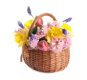 Photo of Beautiful colorful flowers in basket isolated on white