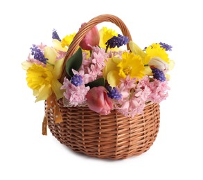 Photo of Beautiful colorful flowers in basket isolated on white