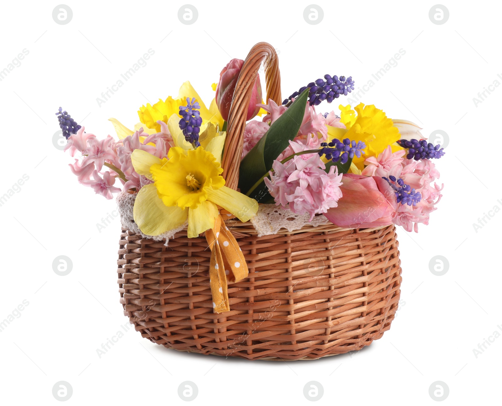 Beautiful colorful flowers in basket isolated on white Photo of Beautiful colorful flowers in basket isolated on white