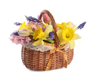 Photo of Beautiful colorful flowers in basket isolated on white