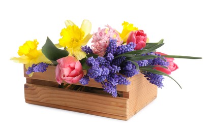Photo of Beautiful colorful flowers in crate isolated on white