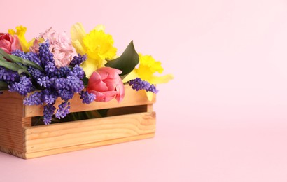 Photo of Beautiful colorful flowers in crate on pink background. Space for text
