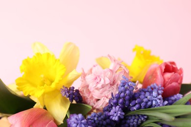 Photo of Beautiful colorful flowers on pink background, closeup. Space for text