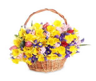 Photo of Beautiful colorful flowers in basket isolated on white