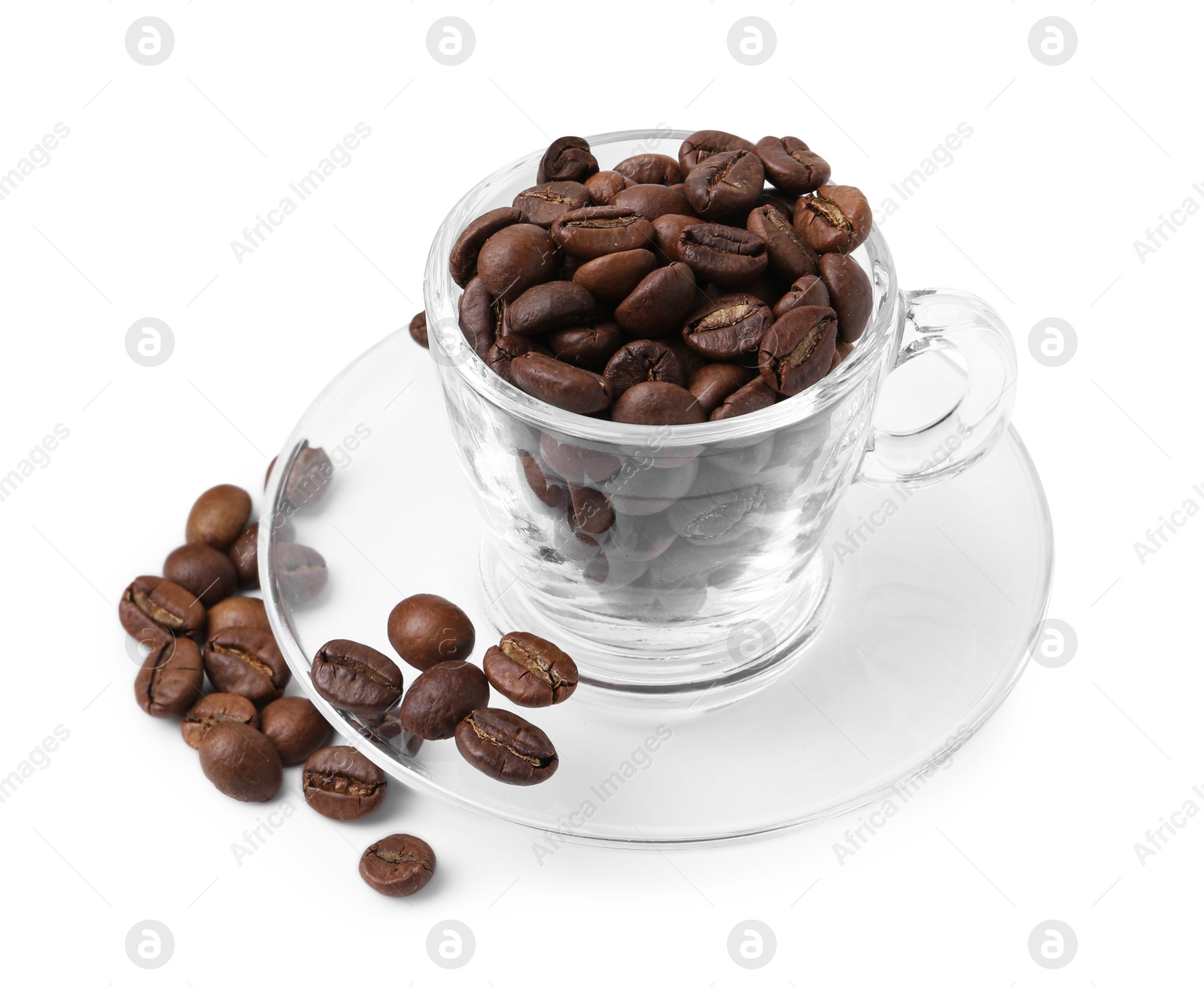 Aromatic coffee beans in cup and saucer isolated on white Photo of Aromatic coffee beans in cup and saucer isolated on white