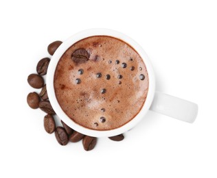 Photo of Aromatic coffee in cup and beans isolated on white, top view