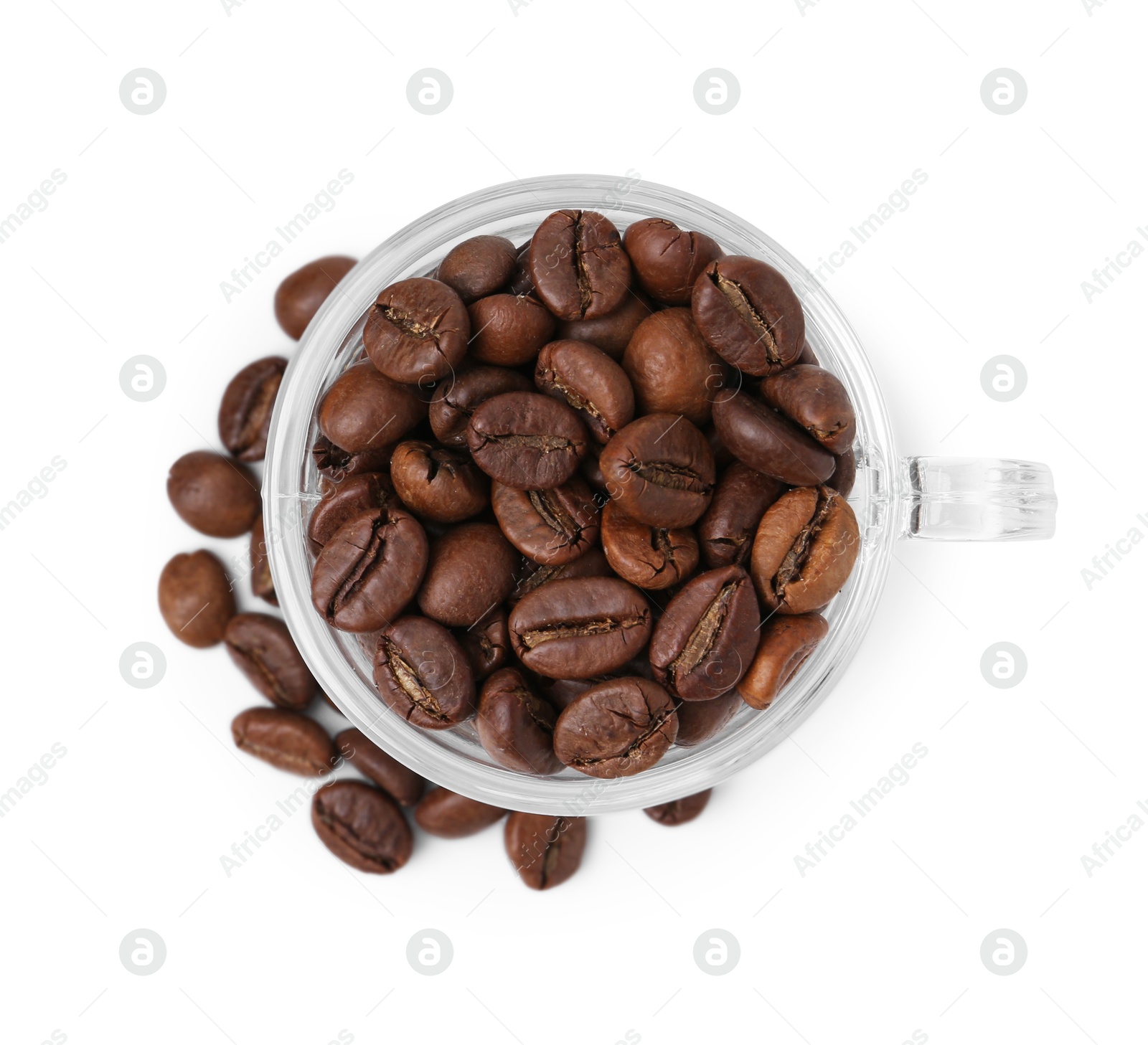 Aromatic coffee beans in cup isolated on white, top view Photo of Aromatic coffee beans in cup isolated on white, top view