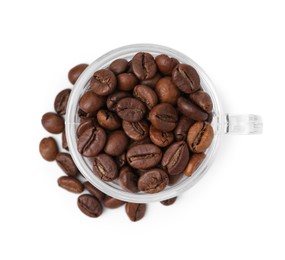 Photo of Aromatic coffee beans in cup isolated on white, top view
