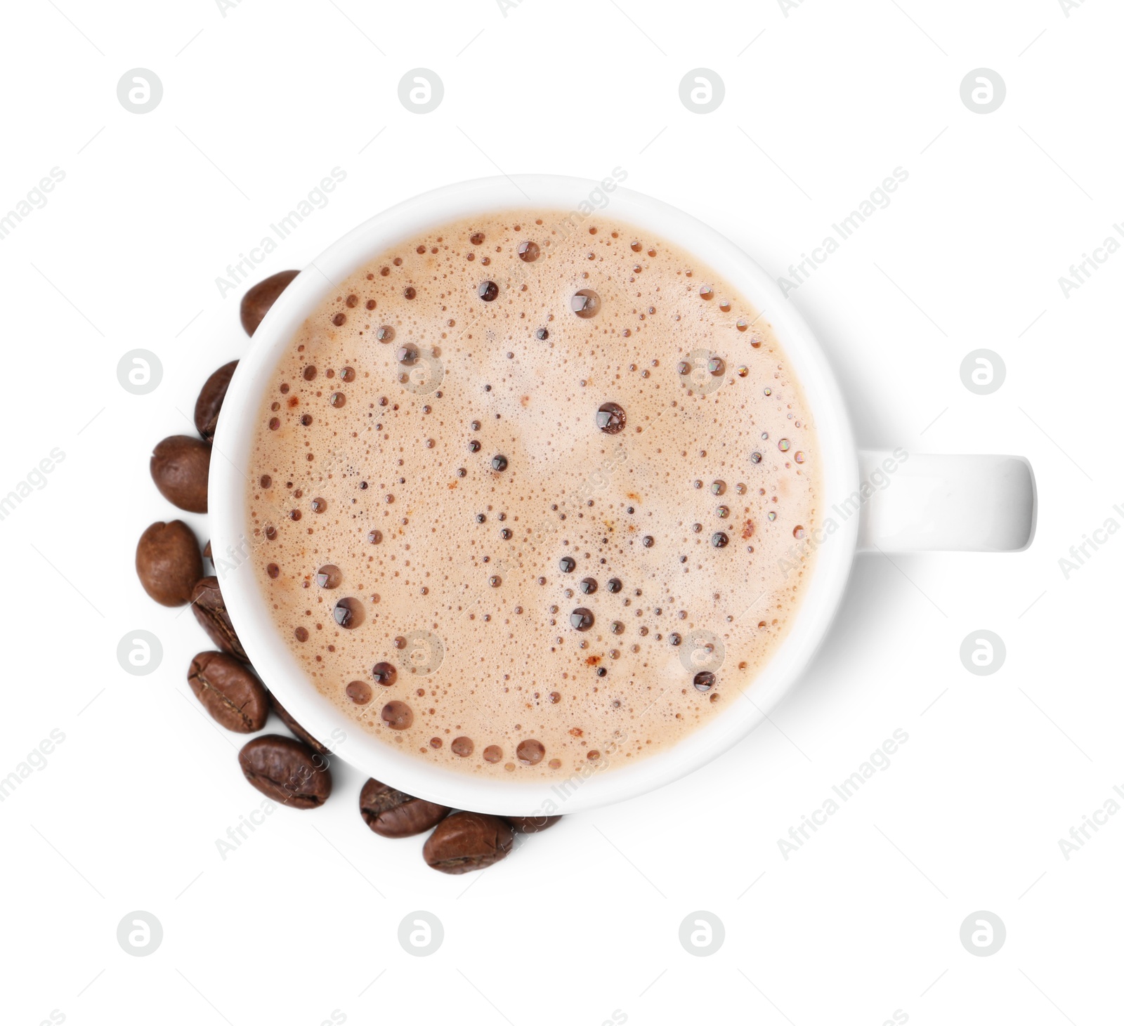 Aromatic coffee in cup and beans isolated on white, top view Photo of Aromatic coffee in cup and beans isolated on white, top view