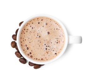 Photo of Aromatic coffee in cup and beans isolated on white, top view