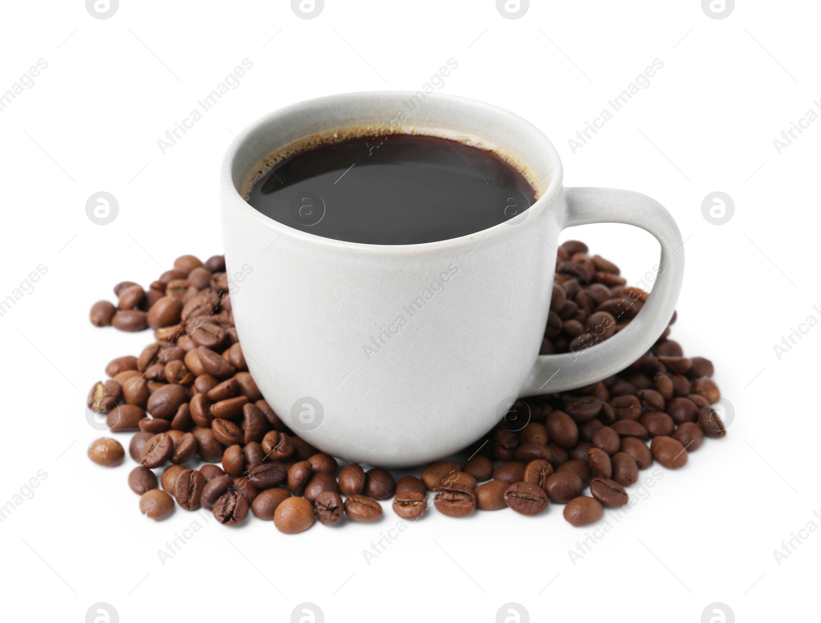 Aromatic coffee in cup and pile of beans isolated on white Photo of Aromatic coffee in cup and pile of beans isolated on white