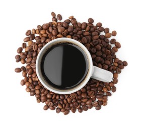 Photo of Aromatic coffee in cup and pile of beans isolated on white, top view