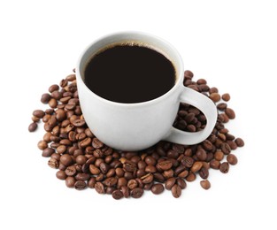 Photo of Aromatic coffee in cup and pile of beans isolated on white