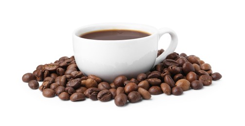Photo of Aromatic coffee in cup and pile of beans isolated on white