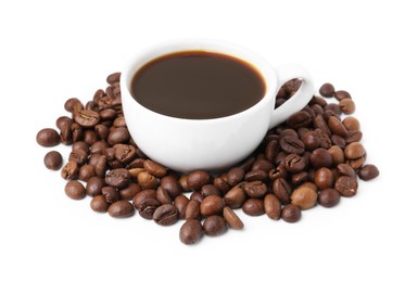 Photo of Aromatic coffee in cup and pile of beans isolated on white