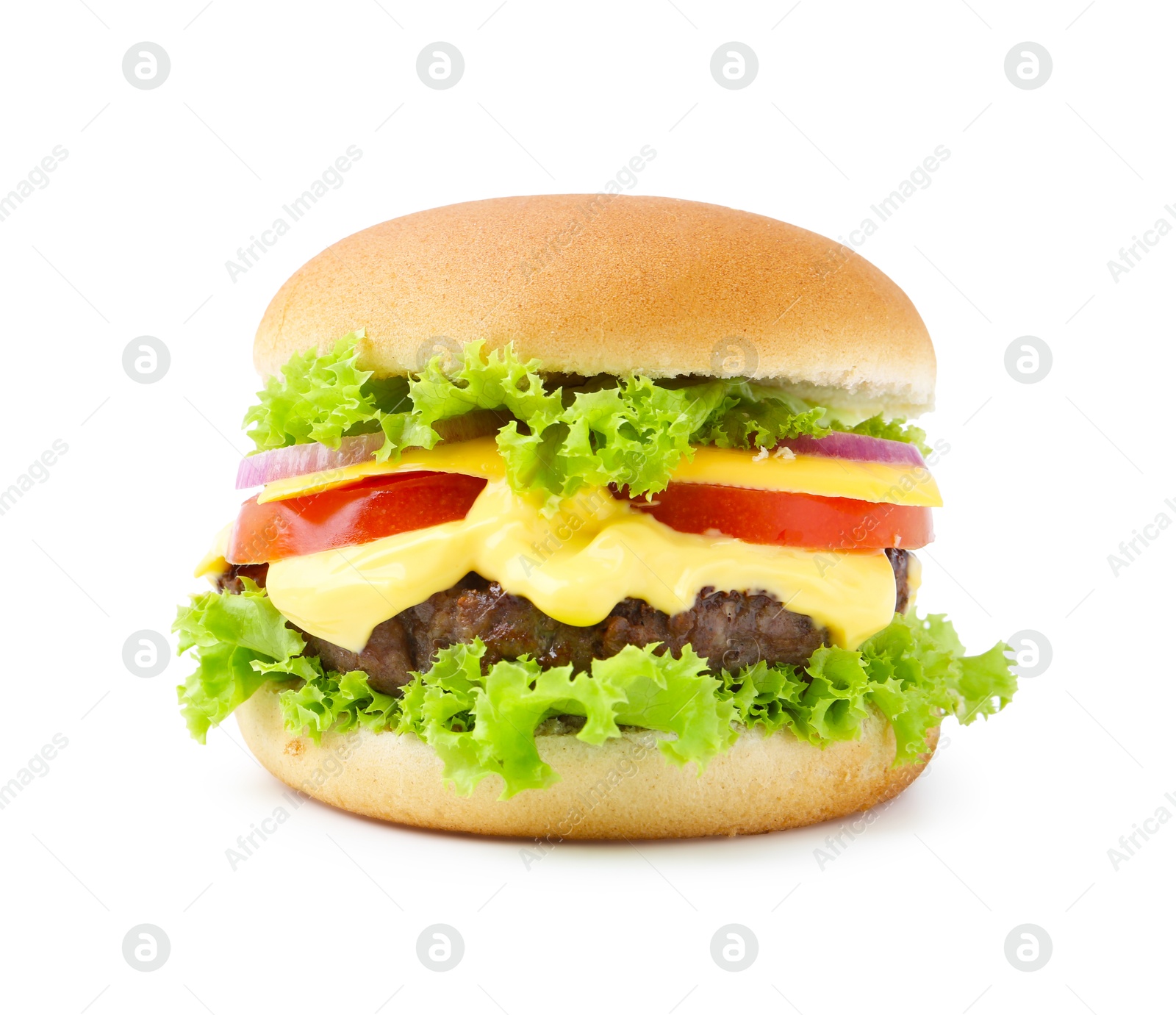 One cheeseburger with tasty patty isolated on white Photo of One cheeseburger with tasty patty isolated on white