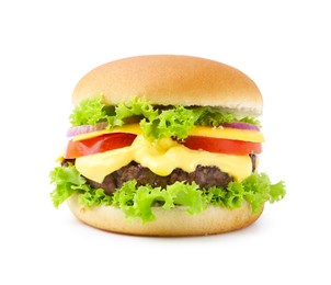 Photo of One cheeseburger with tasty patty isolated on white