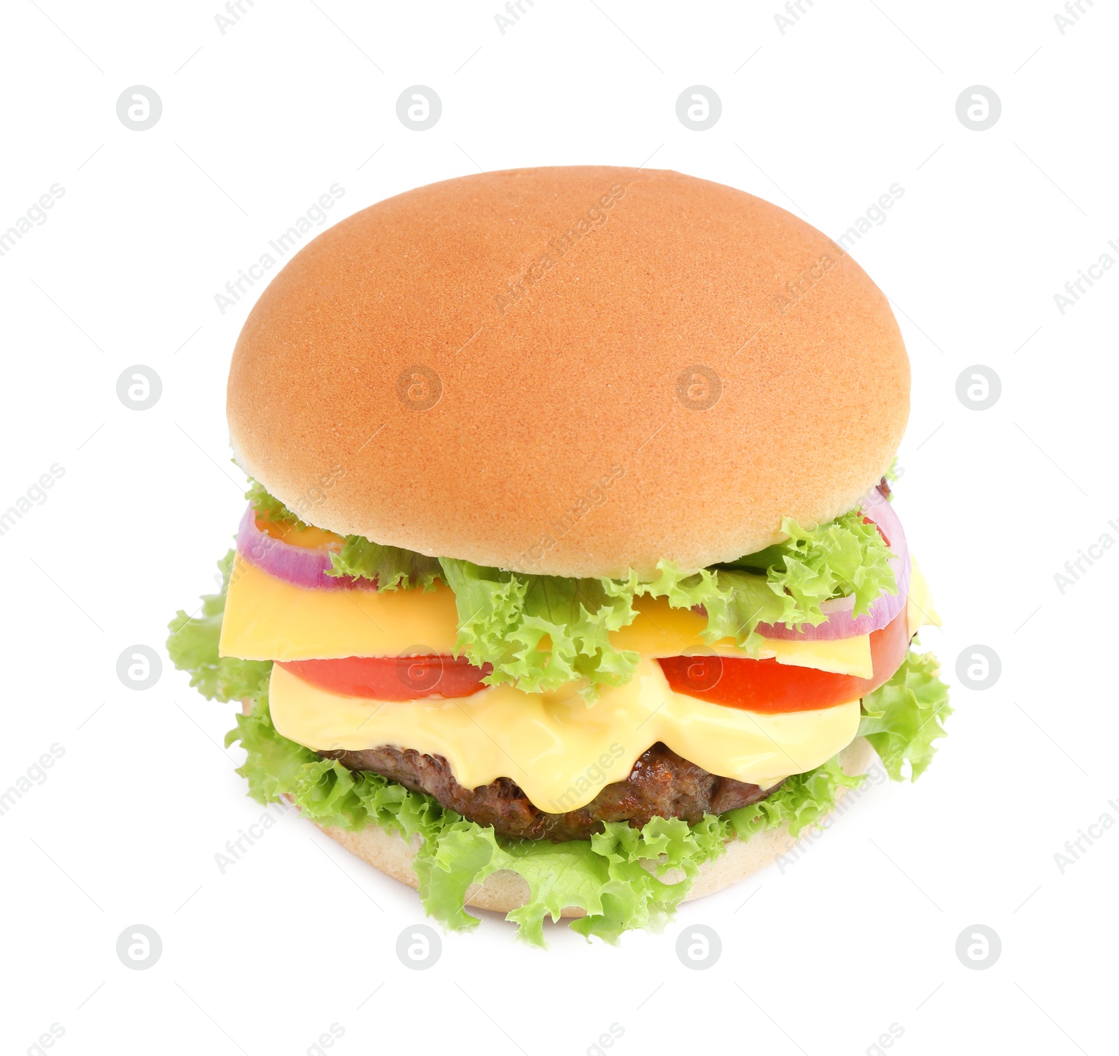 One cheeseburger with tasty patty isolated on white Photo of One cheeseburger with tasty patty isolated on white