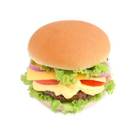 Photo of One cheeseburger with tasty patty isolated on white