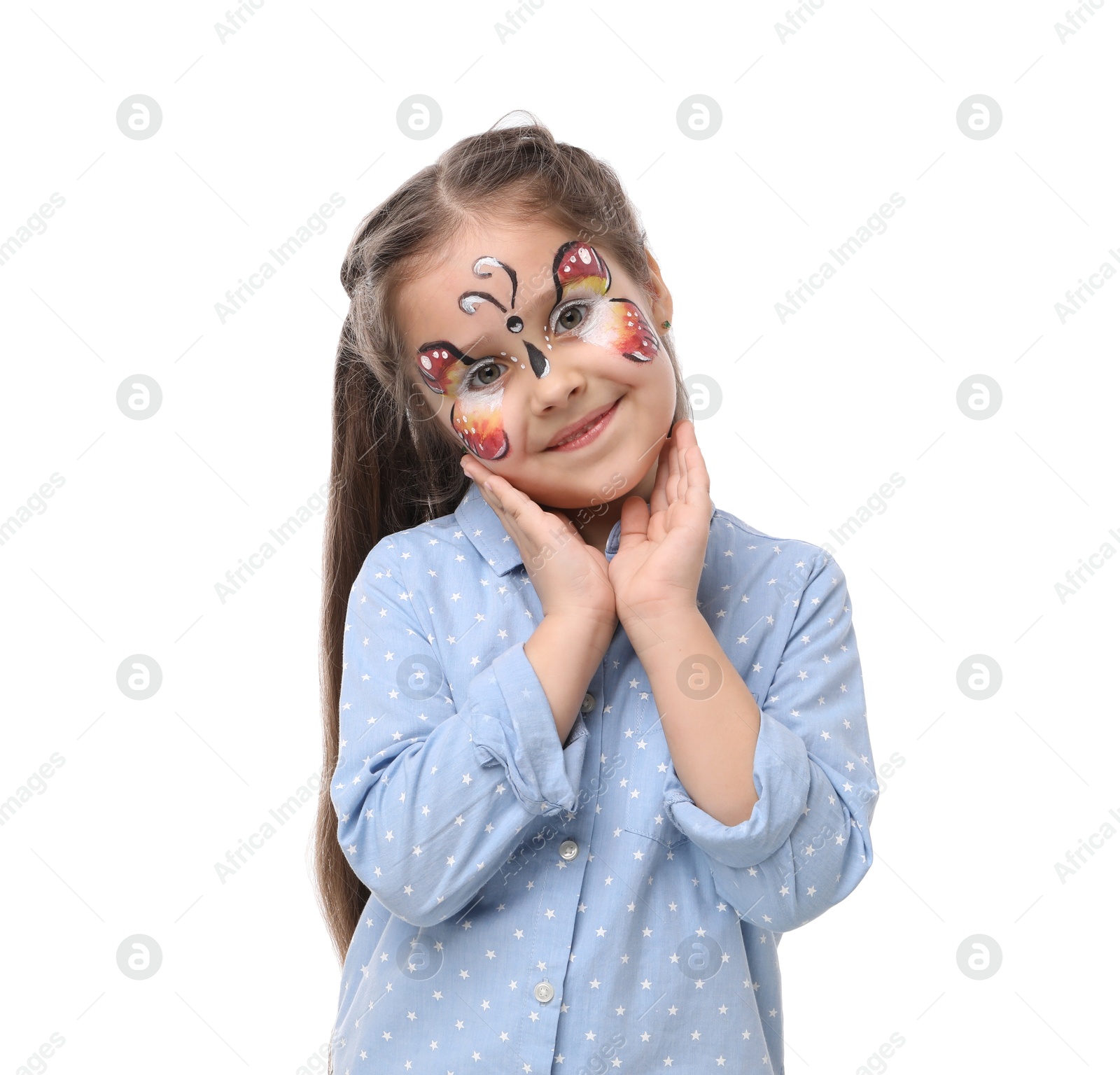 Cute girl with butterfly face painting on white background Photo of Cute girl with butterfly face painting on white background