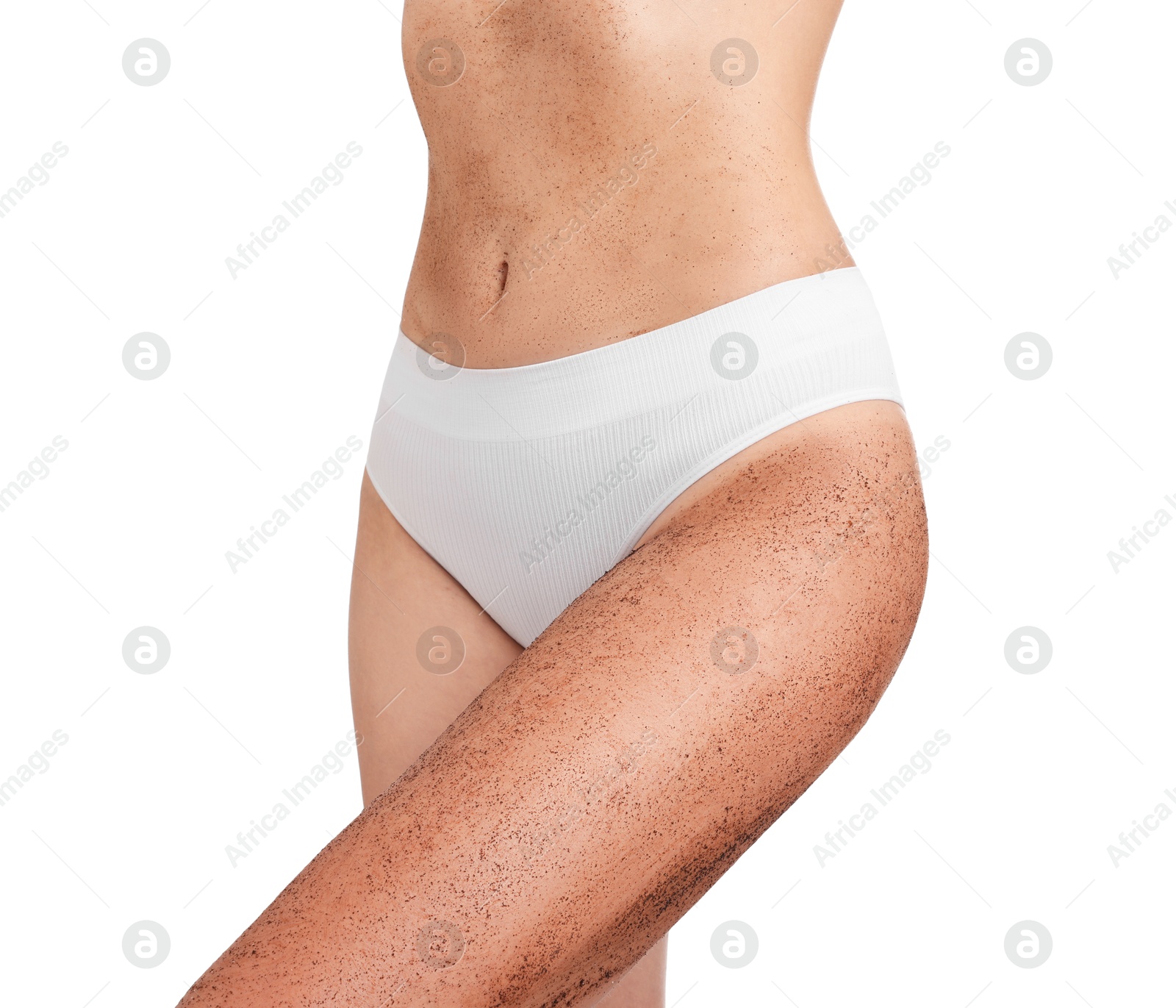 Photo of Woman with body scrub on her leg against white background, closeup