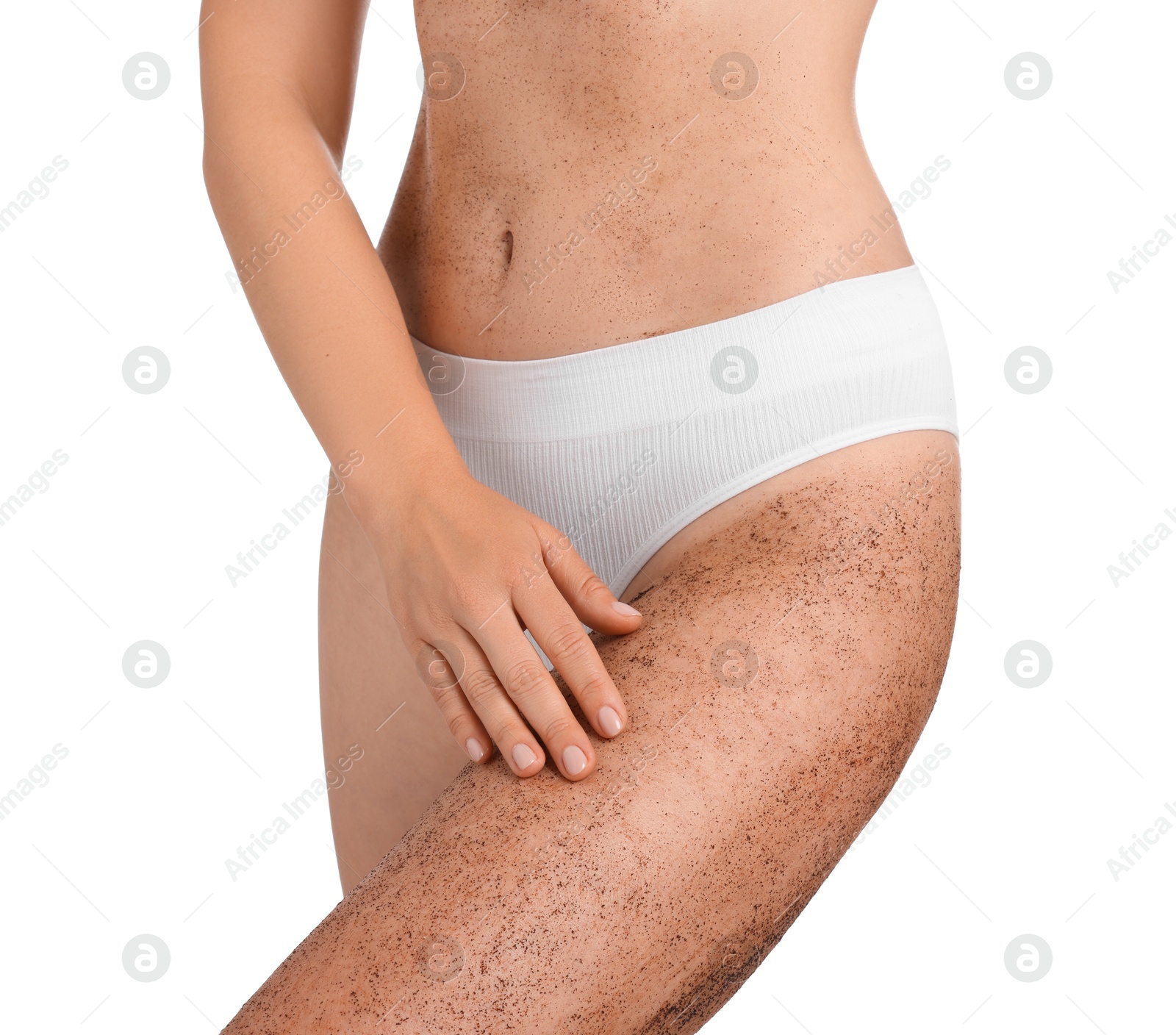 Photo of Woman with body scrub on her leg against white background, closeup