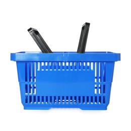 Photo of One blue shopping basket isolated on white
