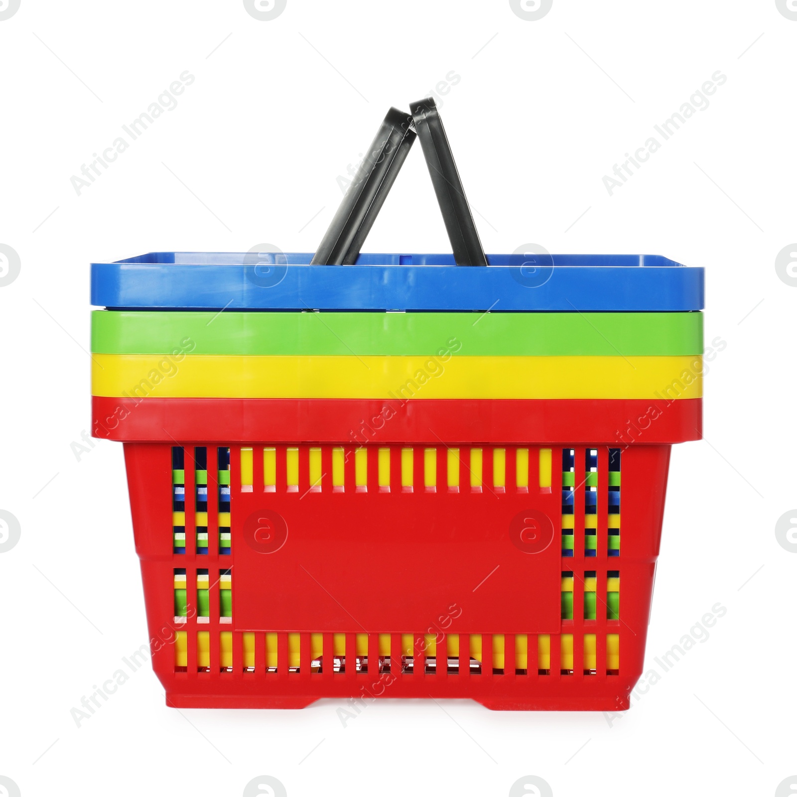 Stack of colorful shopping baskets isolated on white Photo of Stack of colorful shopping baskets isolated on white