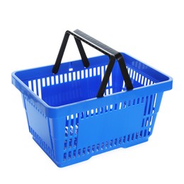 Photo of One blue shopping basket isolated on white