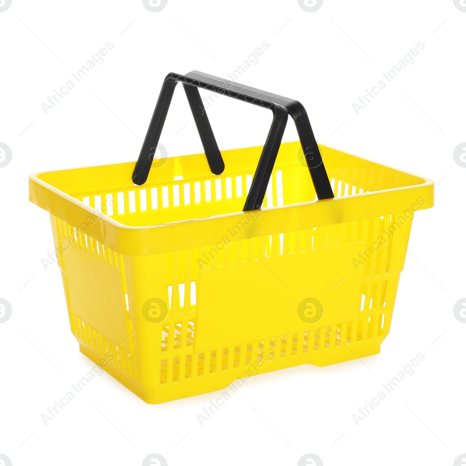 One yellow shopping basket isolated on white Photo of One yellow shopping basket isolated on white