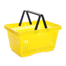 Photo of One yellow shopping basket isolated on white