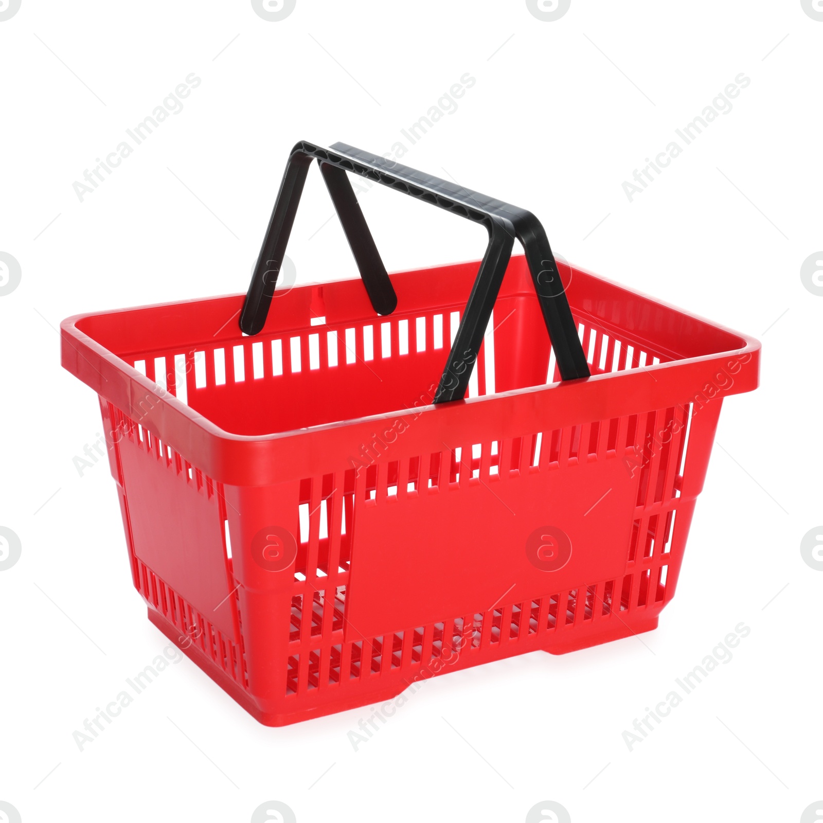 One red shopping basket isolated on white Photo of One red shopping basket isolated on white