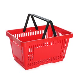 Photo of One red shopping basket isolated on white