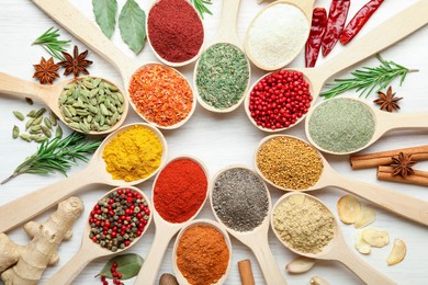 Photo of Different aromatic spices in spoons on white wooden table, flat lay