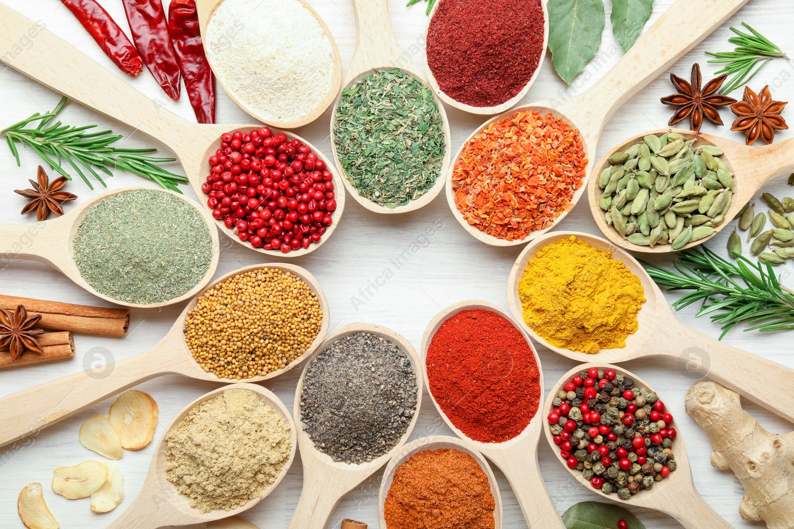 Different aromatic spices in spoons on white wooden table, flat lay Photo of Different aromatic spices in spoons on white wooden table, flat lay