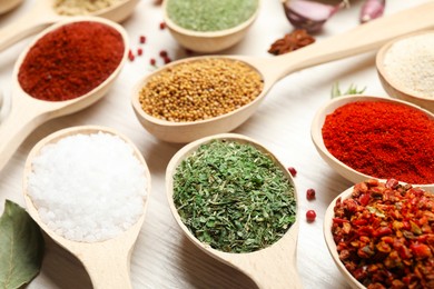 Photo of Different aromatic spices in spoons on white wooden table, closeup