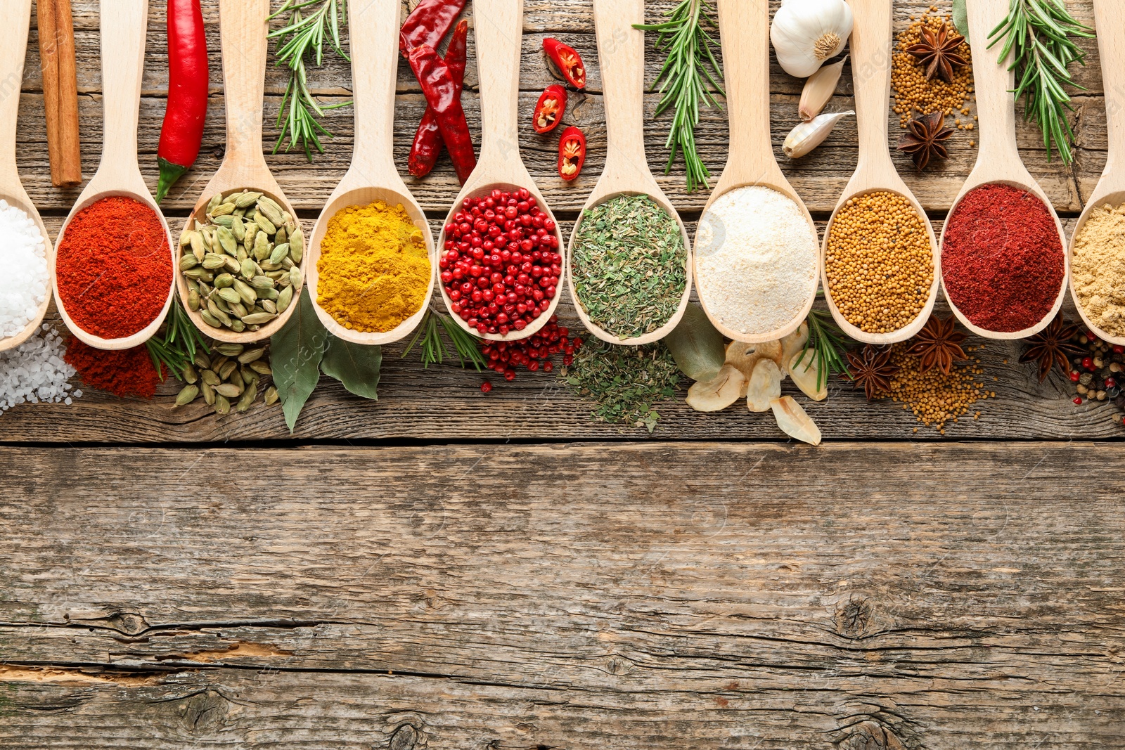 Different aromatic spices in spoons on wooden table, flat lay. Space for text Photo of Different aromatic spices in spoons on wooden table, flat lay. Space for text