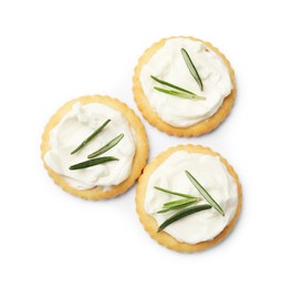 Photo of Tasty crackers with cream cheese and rosemary isolated on white, top view