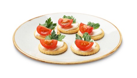 Photo of Tasty crackers with cream cheese, tomatoes and parsley isolated on white