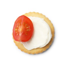 Photo of One tasty cracker with cream cheese and tomato isolated on white, top view