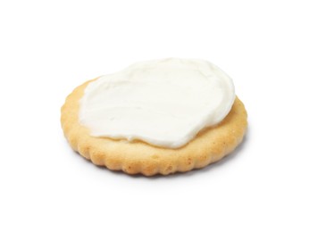 Photo of One tasty cracker with cream cheese isolated on white