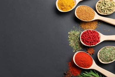 Photo of Different aromatic spices in spoons on black table, flat lay. Space for text