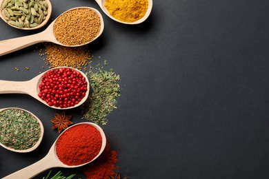 Photo of Different aromatic spices in spoons on black table, flat lay. Space for text