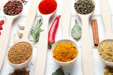 Photo of Different aromatic spices in spoons on white wooden table, closeup