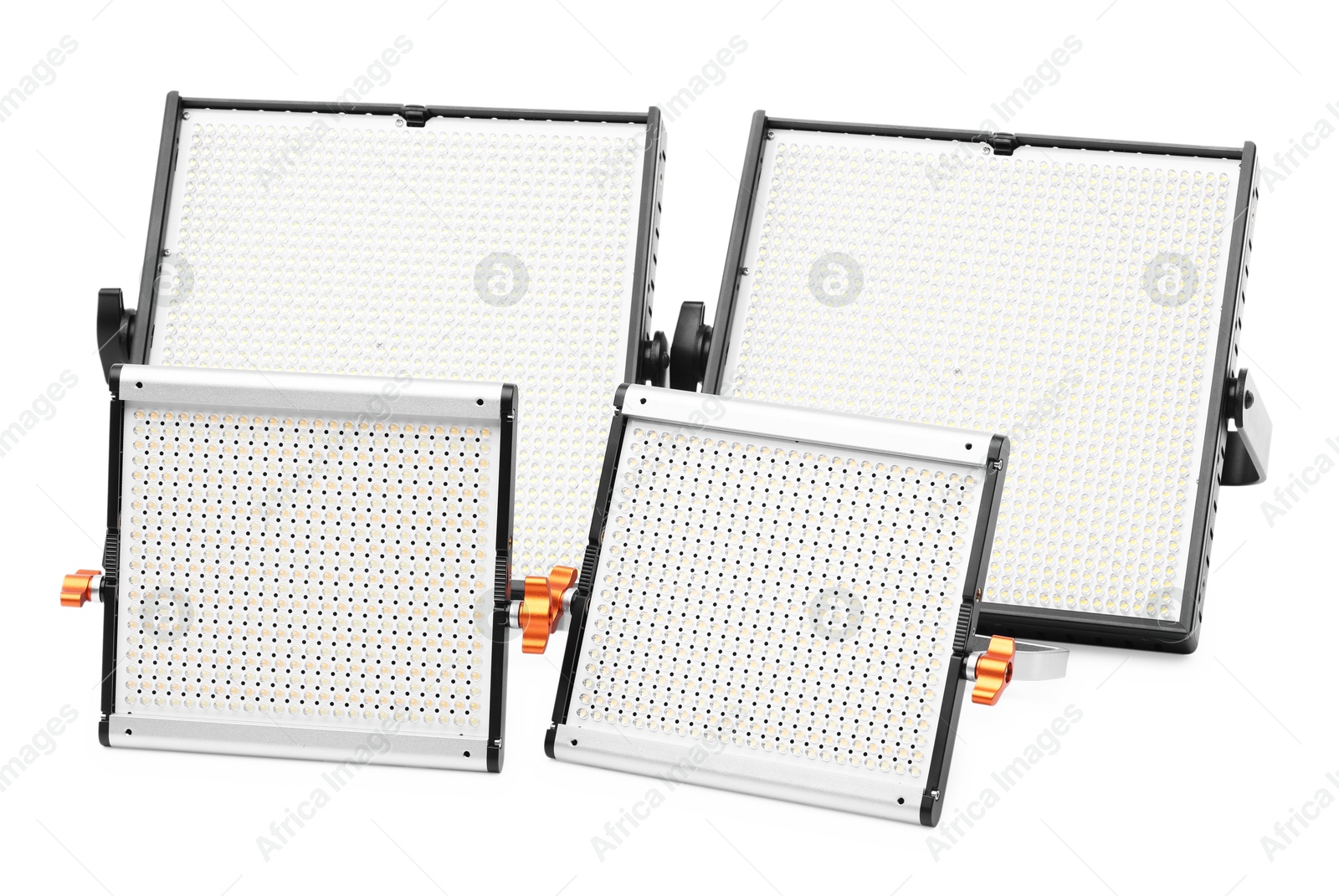 Photo of Professional lighting equipment. LED lamps isolated on white