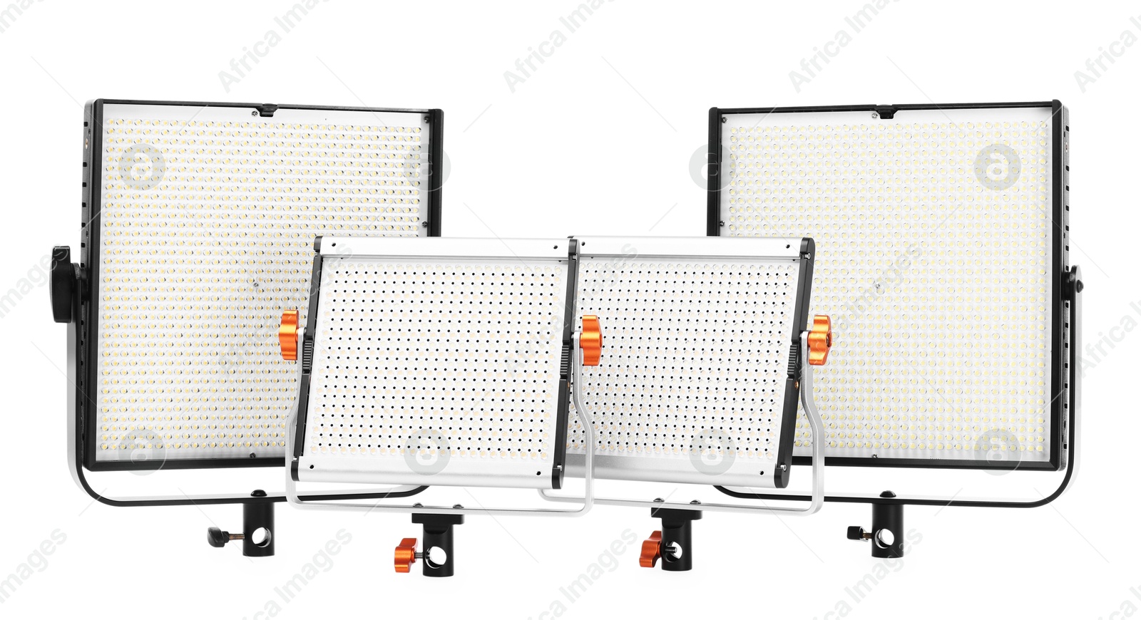 Photo of Professional lighting equipment. LED lamps isolated on white