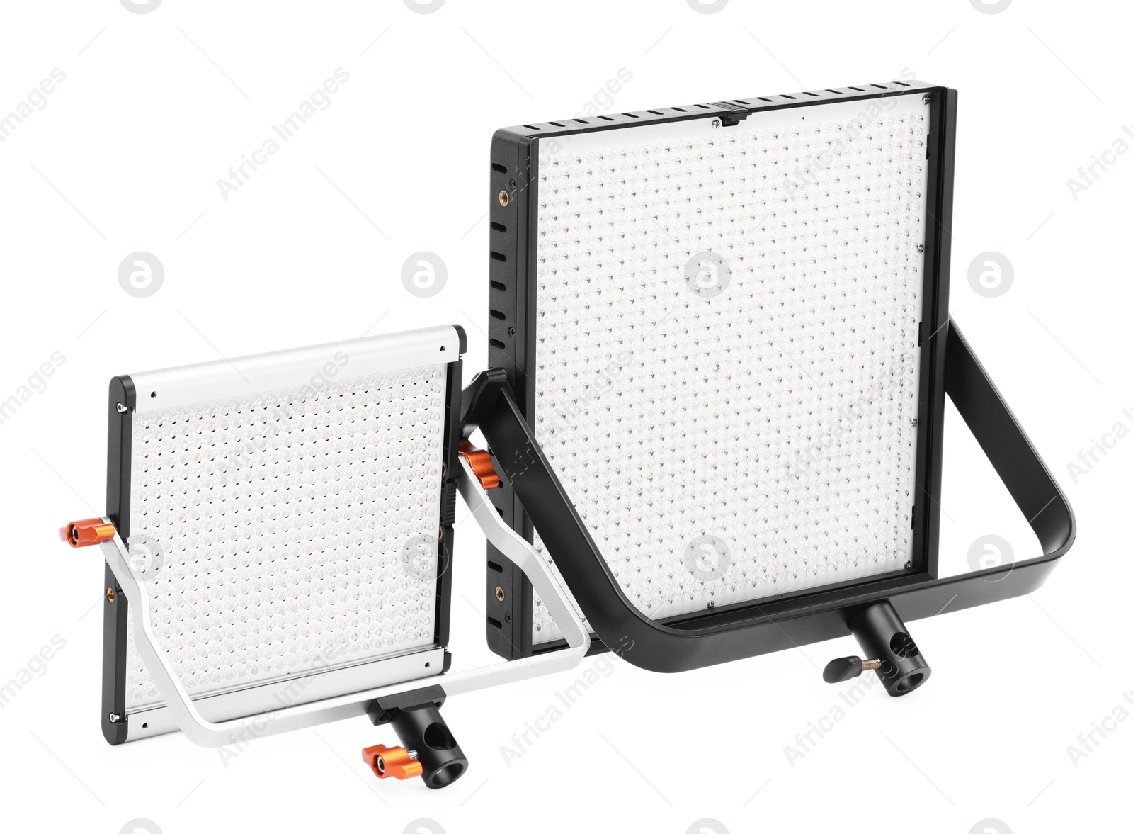 Photo of Professional lighting equipment. LED lamps isolated on white