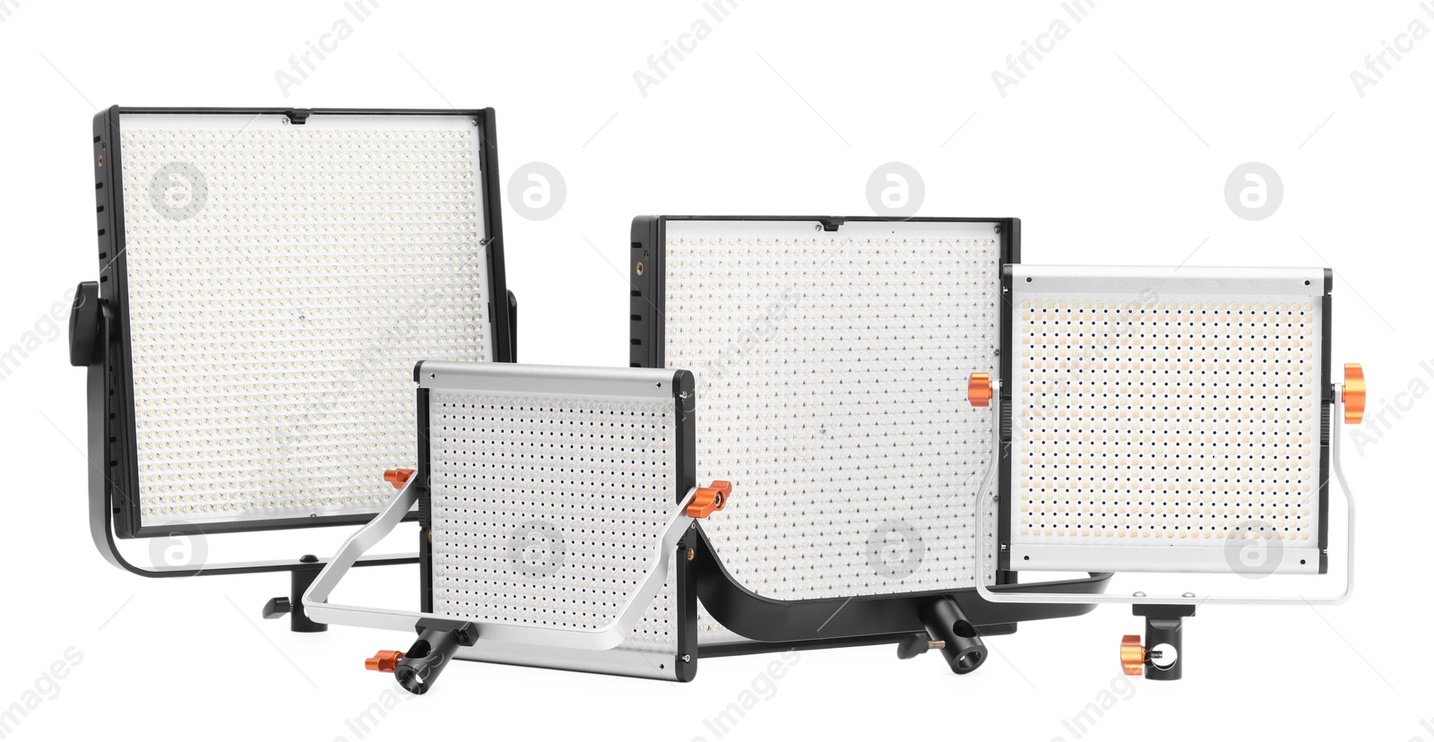 Photo of Professional lighting equipment. LED lamps isolated on white