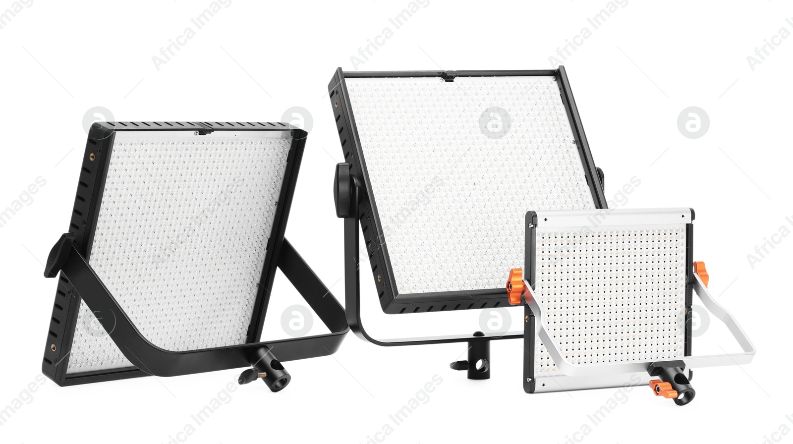 Photo of Professional lighting equipment. LED lamps isolated on white
