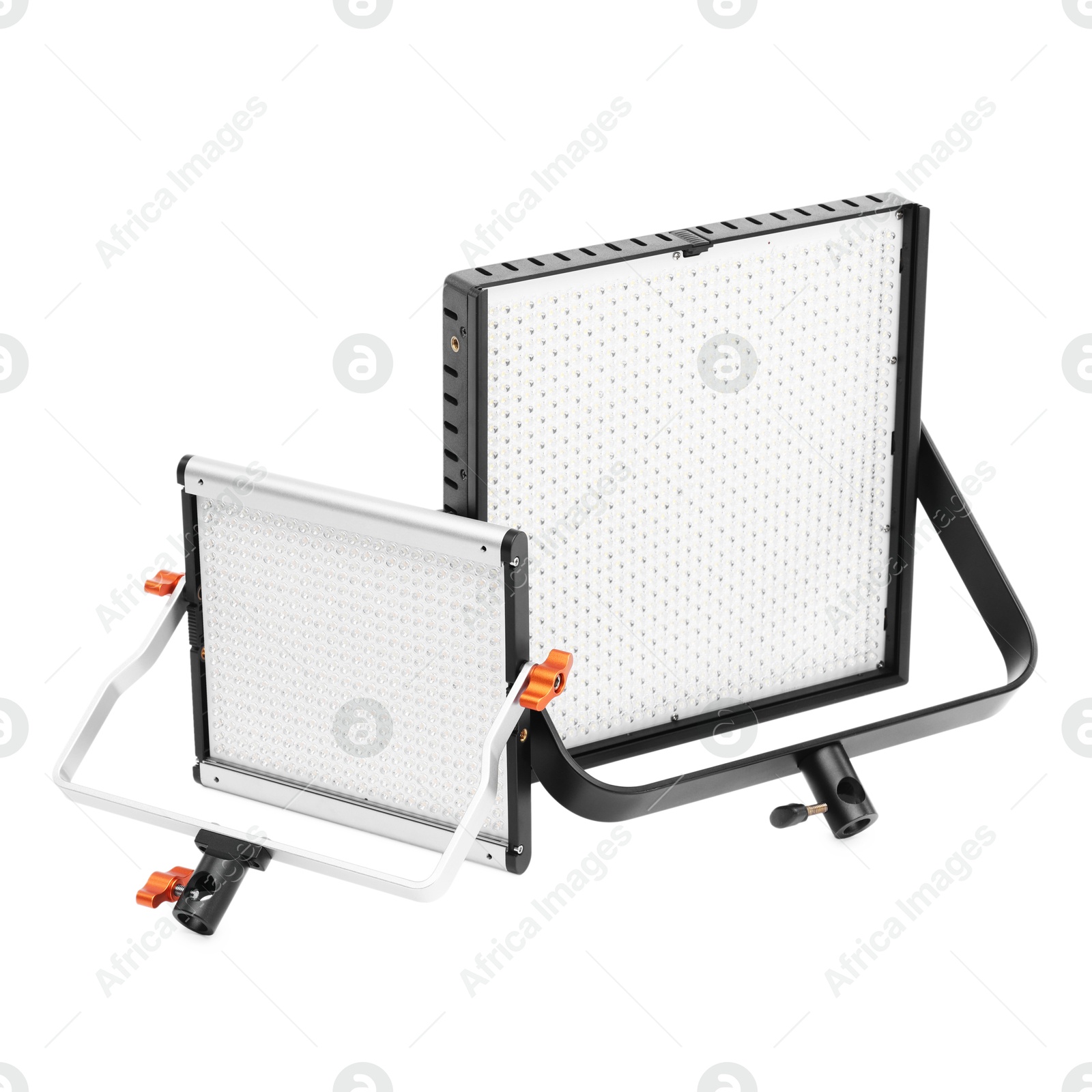 Photo of Professional lighting equipment. LED lamps isolated on white